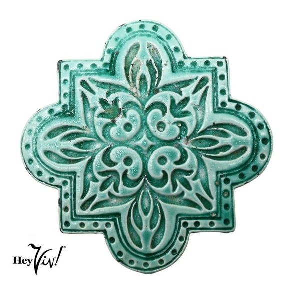 Vintage Turquoise Glazed Ceramic Wall Tile Pin Brooch 2 1/4" Across - Hey Viv - Picture 1 of 4